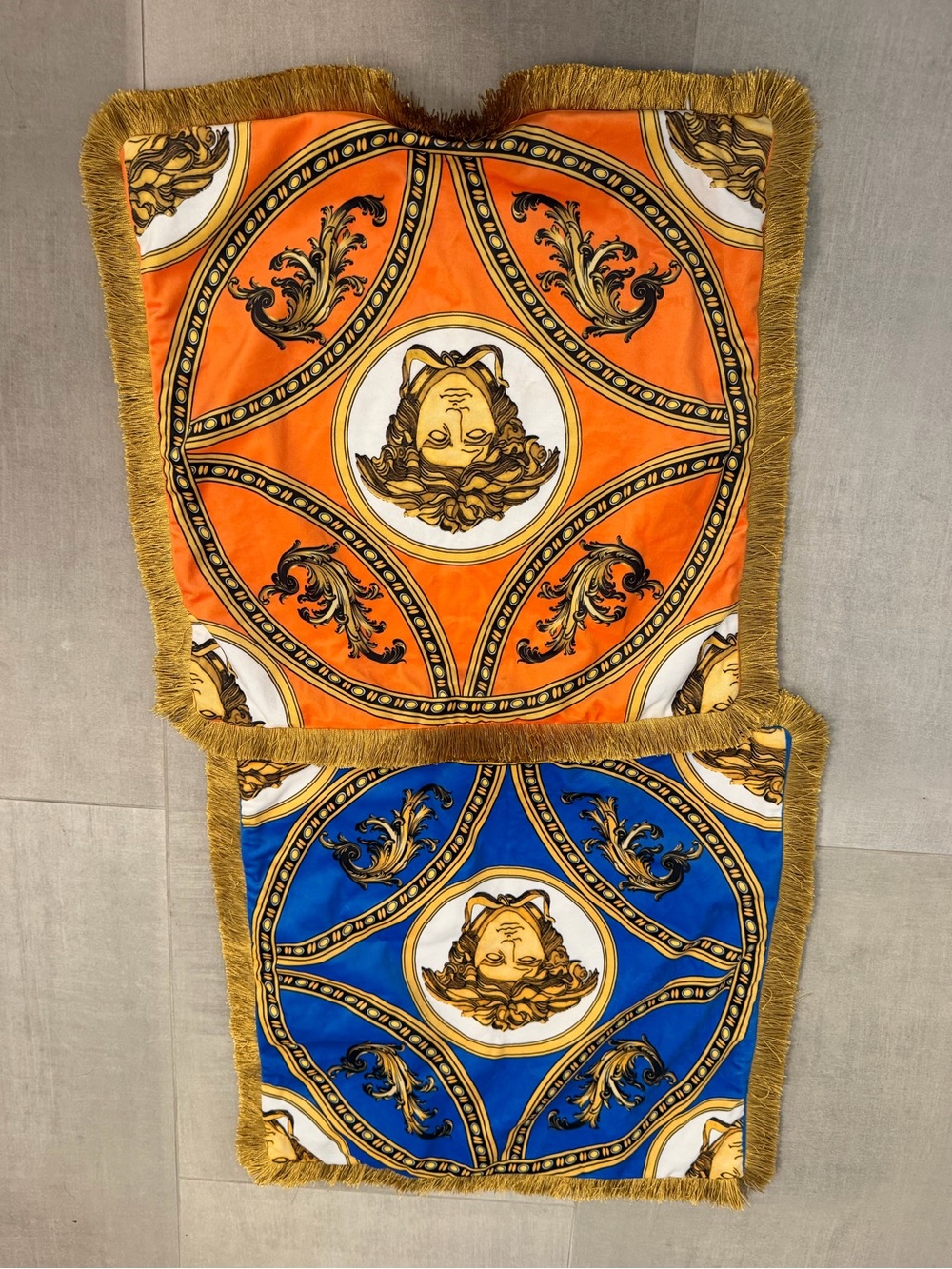 Ornate Gold-Trim Medallion Throw Pillow Covers - Orange & Blue